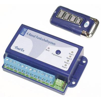 Een 4-kanaals draadloos schakelssysteem met een ontvanger en een afstandsbediening. De ontvanger heeft aansluitingen en LED-indicatoren voor vier kanalen.