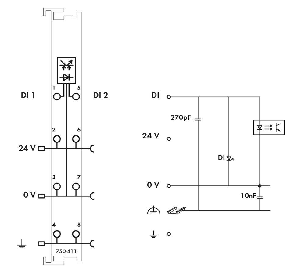 'Schakelschema van een elektrische schakeling met twee digitale ingangen (DI 1 en DI 2), een 24V-aansluiting, condensator en diode.'
