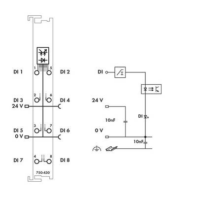 Elektrisch schema met 8 digitale ingangen, weergave van diodes, weerstanden en aansluitingen voor 24 V en 0 V.
