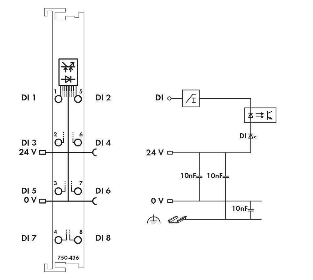 Principeschema toont de verbinding van een elektronische schakeling met acht ingangen (DI 1-8), weerstanden (10nF) en een schakelaar.
