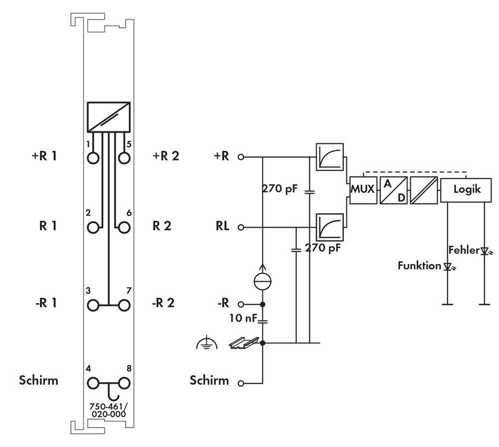 Schakelschema met twee weerstandsnetwerken (+R1, -R1, +R2, -R2), condensator (270pF, 10nF), MUX, logische component met 'Functie' en 'Fout' uitgangen.