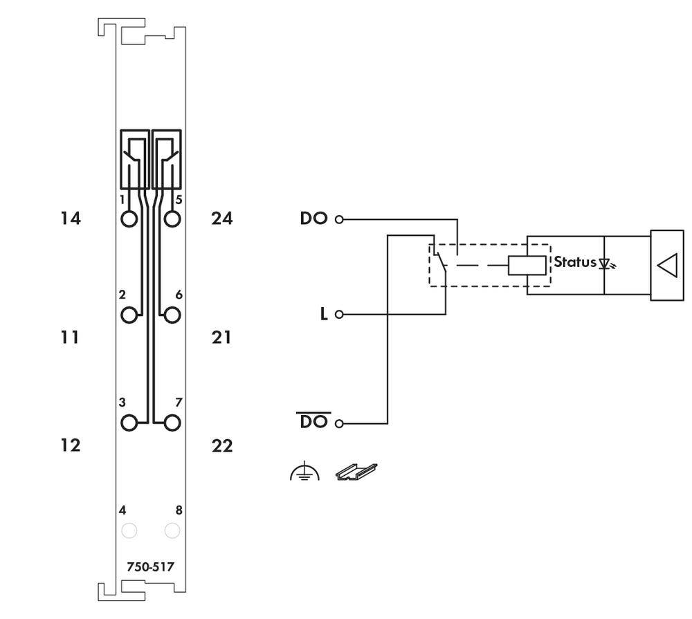 'Elektrisch bedradingsschema van module 750-517 met aansluitnummering aan de linkerkant en statusindicatoren aan de rechterkant.'