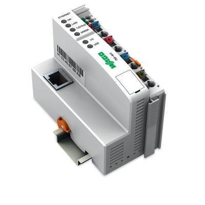 Industrieel Ethernet-module in het wit, met meerdere kleurgecodeerde aansluitingen bovenaan en een Ethernet-aansluiting aan de zijkant.