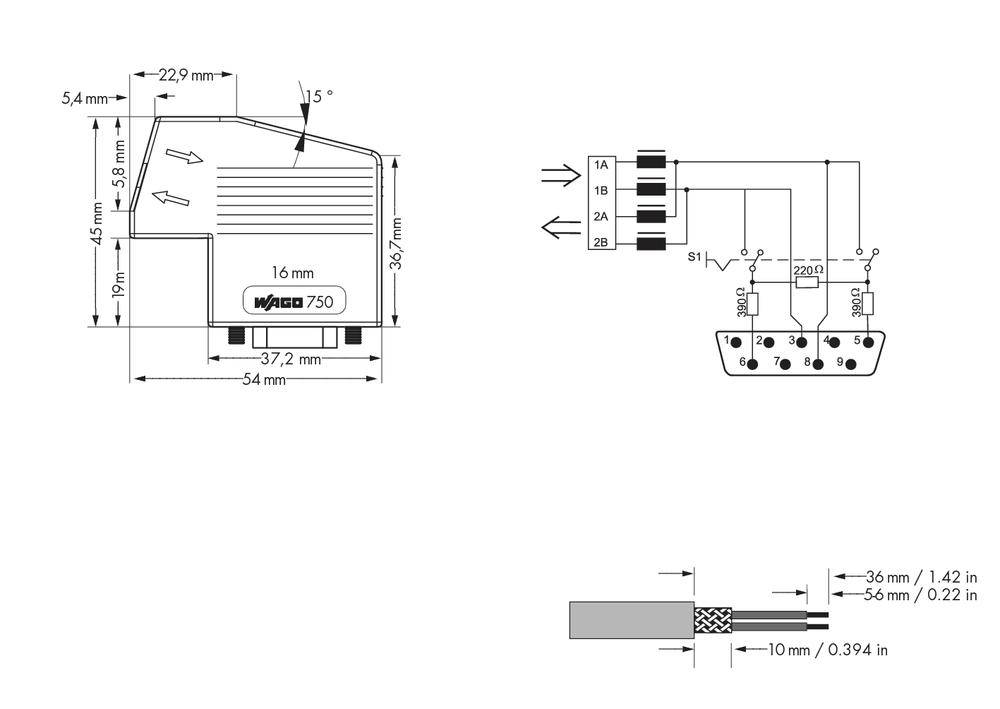 Technische tekening van een elektronisch onderdeel met aansluitingsdiagram en maatvoering. Verbindingen en afmetingen zijn gedetailleerd weergegeven.