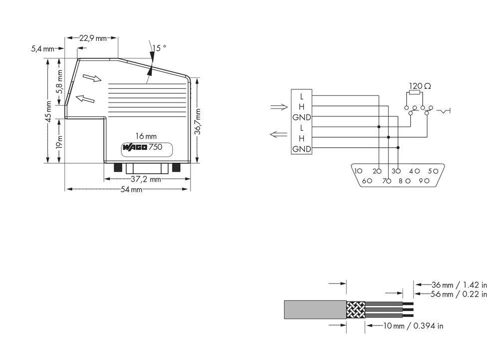 'Technical drawings of a component with dimensions, wiring diagram and detailed view of a cable with length specifications in mm and inches.'