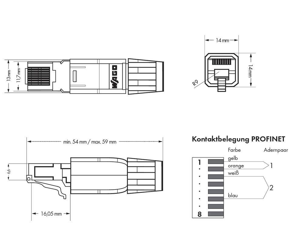 Technische tekening van een Profinet-stekker met gegevens over de contactbezetting en afmetingen in millimeters.
