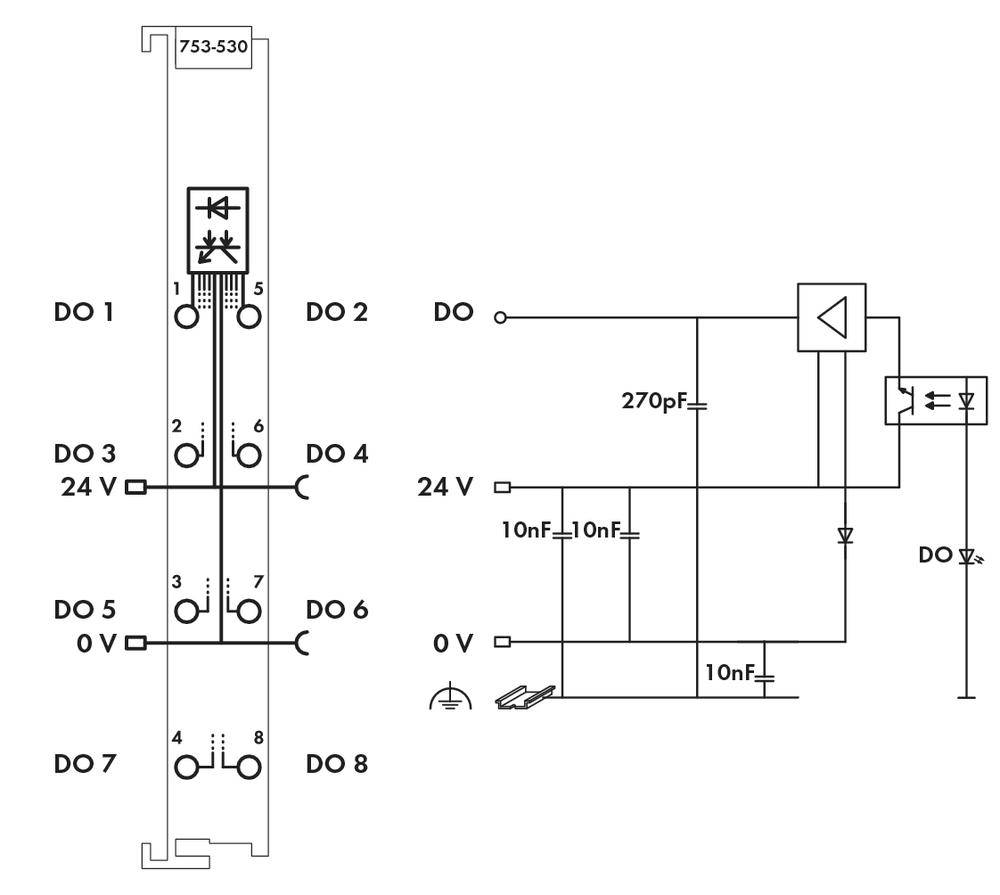Bedradingsschema van een elektronisch apparaat met zes digitale uitgangen (DO). Toont componenten, verbindingen en draadnummers.