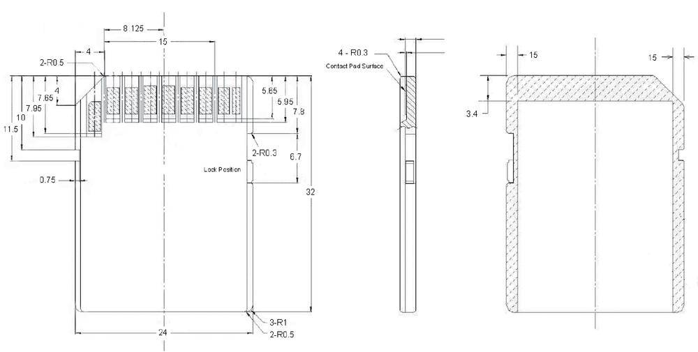 Technische tekening van een onderdeel met verschillende afmetingen en doorsnederepresentaties, toont gedetailleerde afmetingen en structuren van het onderdeel.