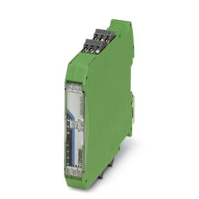 Een groen elektronisch apparaat voor signaalscheiding met meerdere aansluitingen bovenaan en een label aan de zijkant.