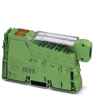 Een groen elektrisch module met steekverbindingen en een schakelaar, gezien van opzij. Het wordt gebruikt voor het besturen van technische apparaten.
