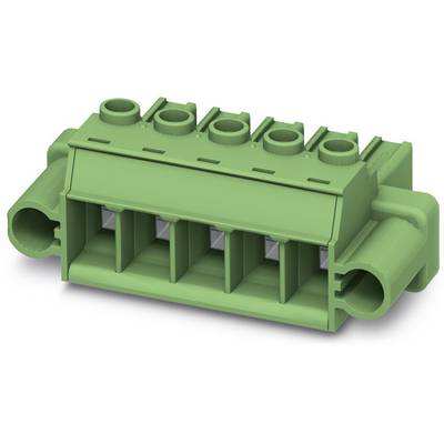 Een groene, rechthoekige steekverbinder met vijf aansluitingen en twee zijdelingse bevestigingspunten, in gebruikelijke kunststofuitvoering.