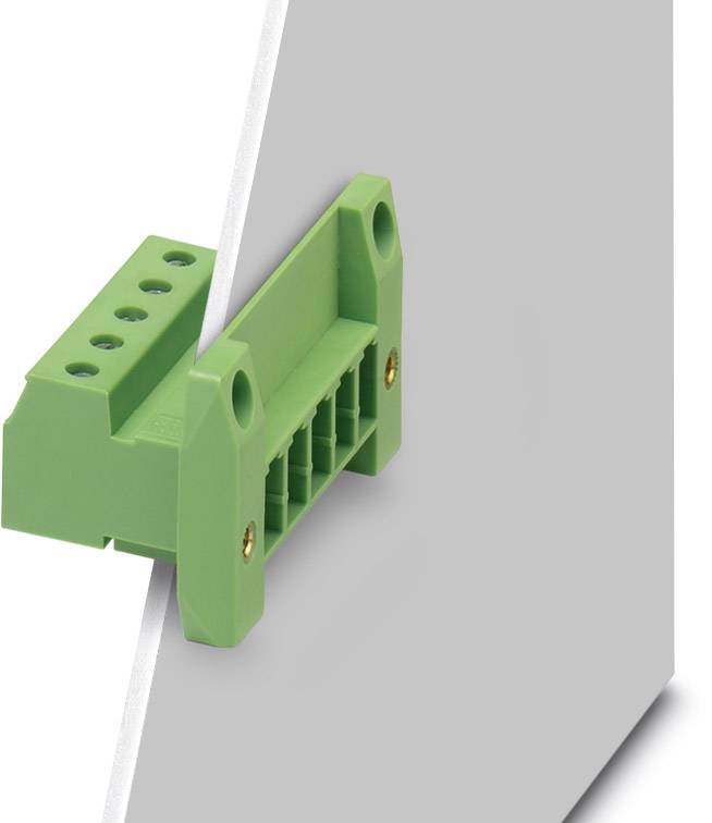 Een groen elektrisch steekmodule is bevestigd aan een grijze plaat. Het toont aansluitpunten voor kabels.
