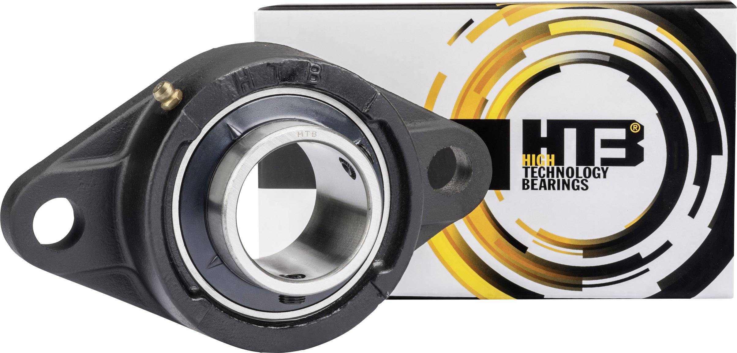 Twee-gats flenslagerhuis met een lager en verpakking van het merk 'HTB - High Technology Bearings' op de achtergrond.