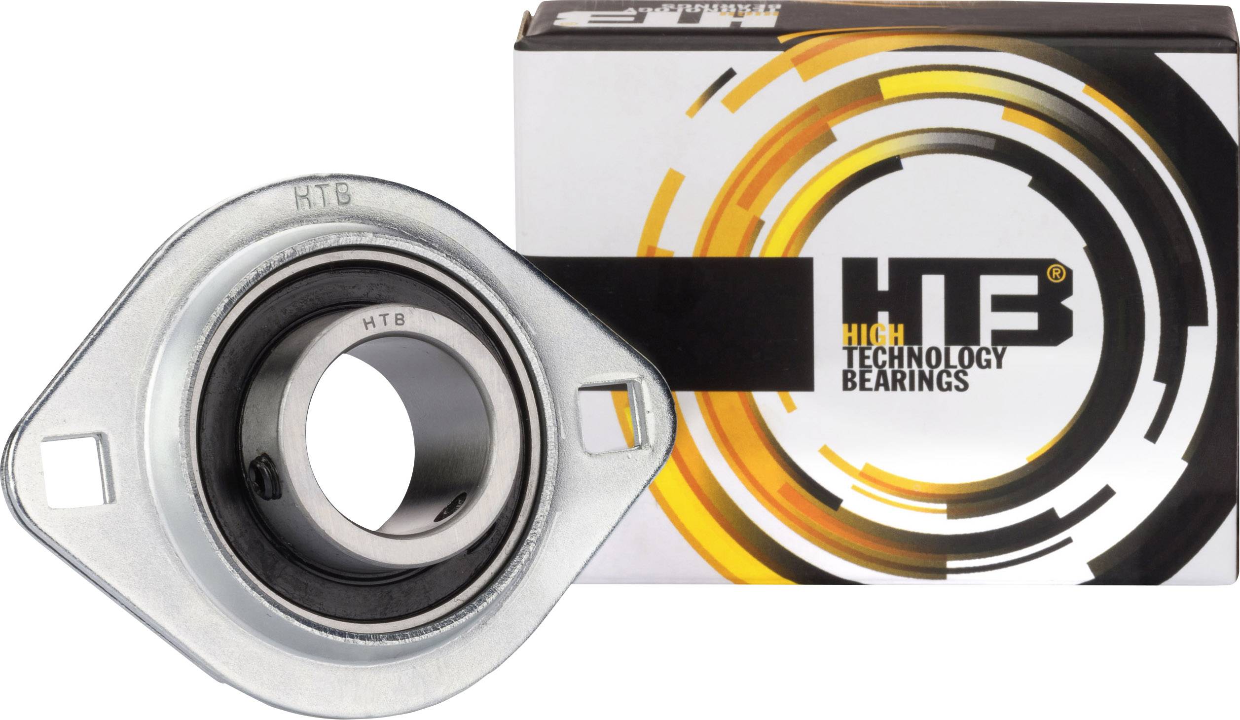 Metalen lager met rechthoekige basis naast een verpakking met het 'HTB High Technology Bearings'-logo in moderne geel- en zwarte tinten.