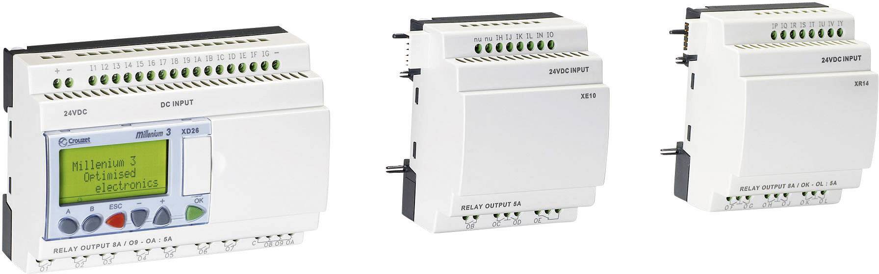 Drie compacte besturingsapparaten met digitale displays en aansluitklemmen. Links toont een display 'Millennium 3 GRIJS/Leven'.