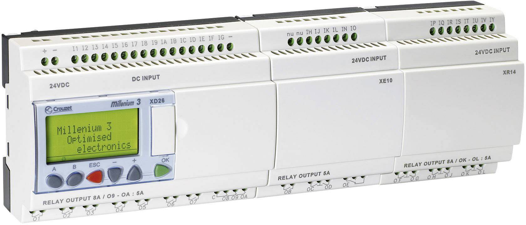 Programmeerbare besturingsunit met digitale en analoge ingangen/uitgangen. Display toont 'Millenium 3 Geoptimaliseerde elektronica'.