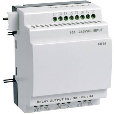 Elektronisch relais XR14 met 100-240V AC ingang en 8A uitgang, gebruikt voor het besturen van elektrische schakelingen.
