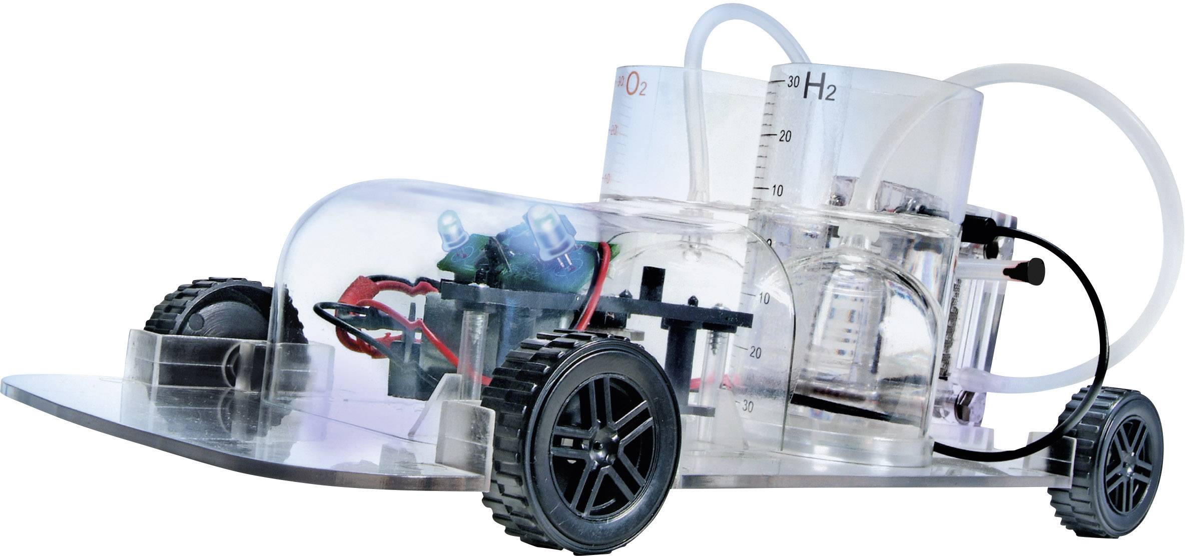 Een modelauto met een transparant behuizing toont inwendige componenten, waaronder elektronica, tanks voor waterstof en zuurstof, alsmede slangen.