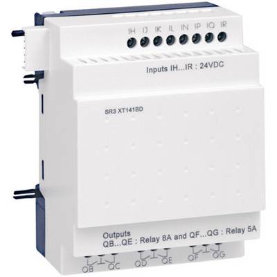 Een wit elektronisch module met de opschrift 'Inputs IH...IR: 24VDC' en 'Outputs QB...QE: Relay 8A en QF...QG: Relay 5A'.