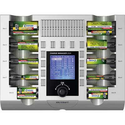 Oplader met tien accu's in verschillende ladefasen. LCD-scherm toont laadgegevens voor elke accuslot.