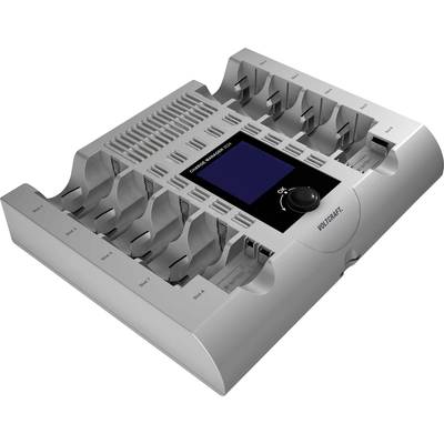 Oplader met een digitaal display en meerdere laadsleuven voor verschillende batterijtypen. Gemerkt met 'Voltcraft'.