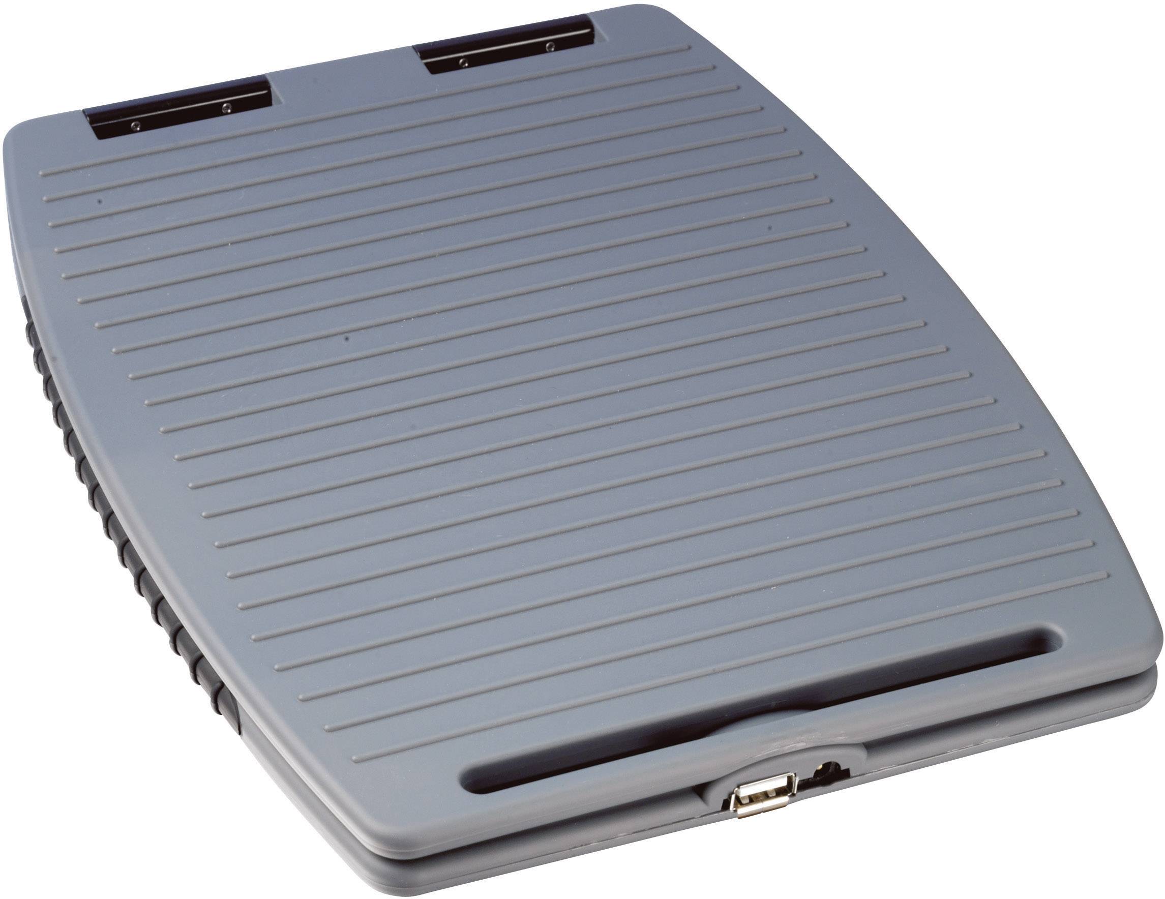 'Grijs, geribbeld kunststof behuizing met aansluitingsmogelijkheden en sleuven, gebruikt voor computerunits of randapparatuur.'