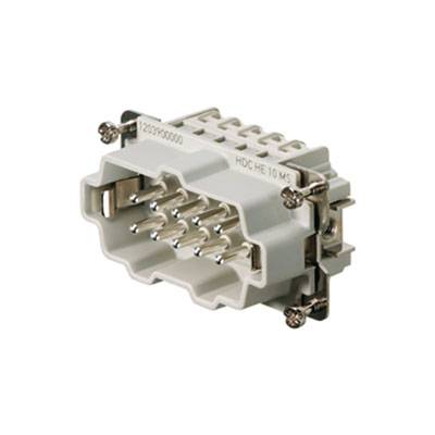 Een witte elektrische stekker met meerdere metalen pinnen. Hij is geschikt voor industriële toepassingen en heeft een robuuste constructie.