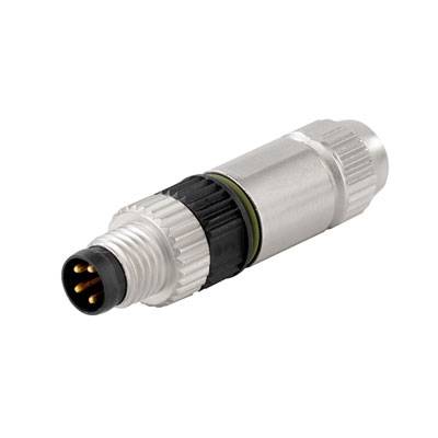 Een metalen M8-connector met vier contactpunten, gebruikt voor industriële toepassingen ten behoeve van signaal- en gegevensoverdracht.