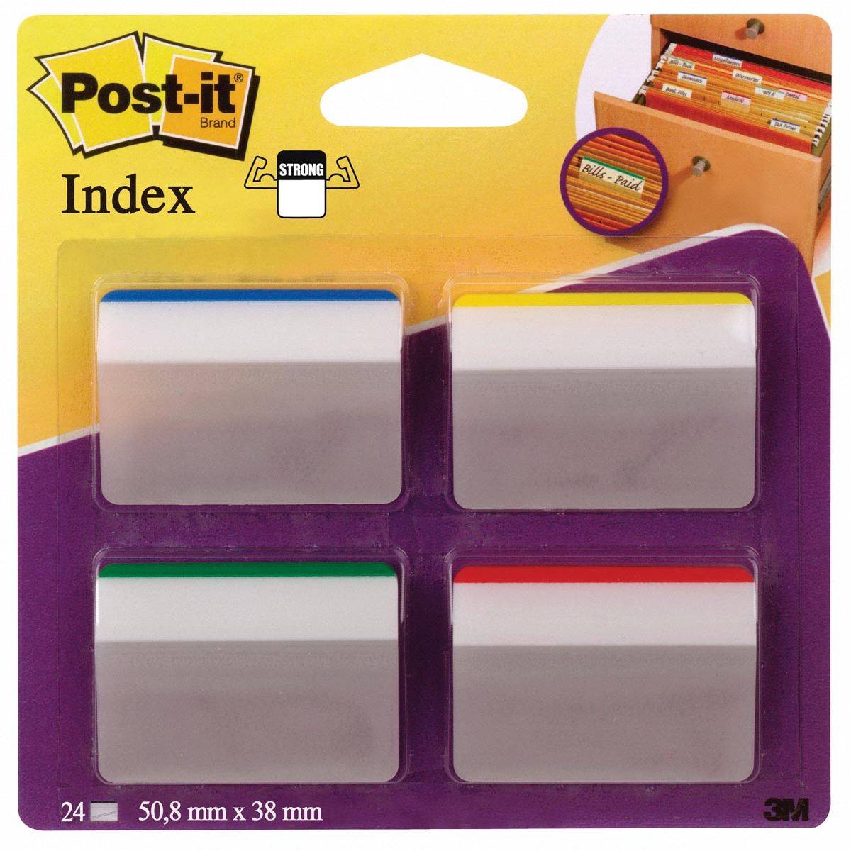 Post-it 0051131936195 Post-it index - Index Strong, ft 50,8 x 38 mm, voor hangmappen, set van 24 tabs, 4 kleuren, 6-0