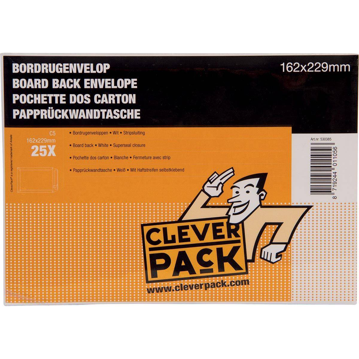 Cleverpack 8719244011056 Cleverpack - bordrugenveloppen, ft 162 x 229 mm, met stripsluiting, wit, pak van 25 stuks-0