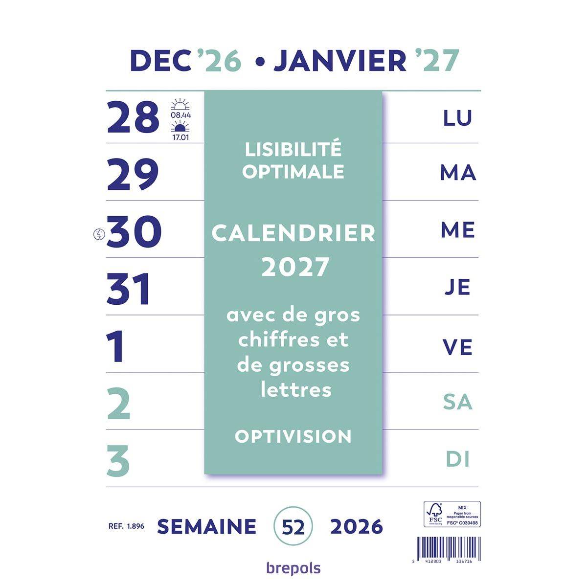 Brepols 5412303136716 Brepols - Optivision Wand-week kalender, Franstalig, 2027-0