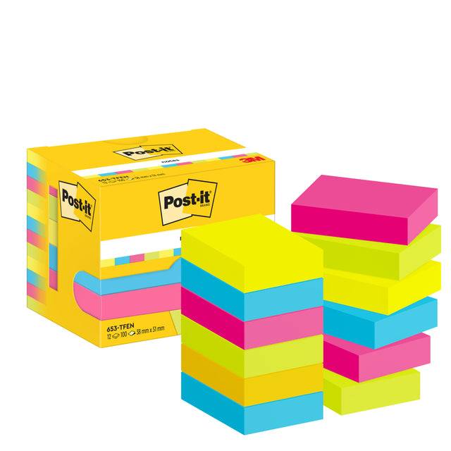 Memoblok 3m post-it 653 38x51mm neon assorti kleur | Pak a 12 stuk-0