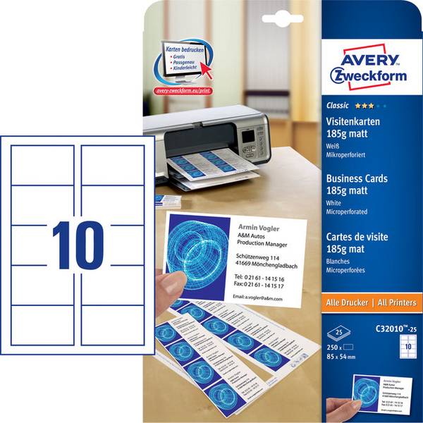Avery-Zweckform 4004182247273  Avery Zweckform -  Visitekaart avery c32010-25 85x54mm 185gr 250st