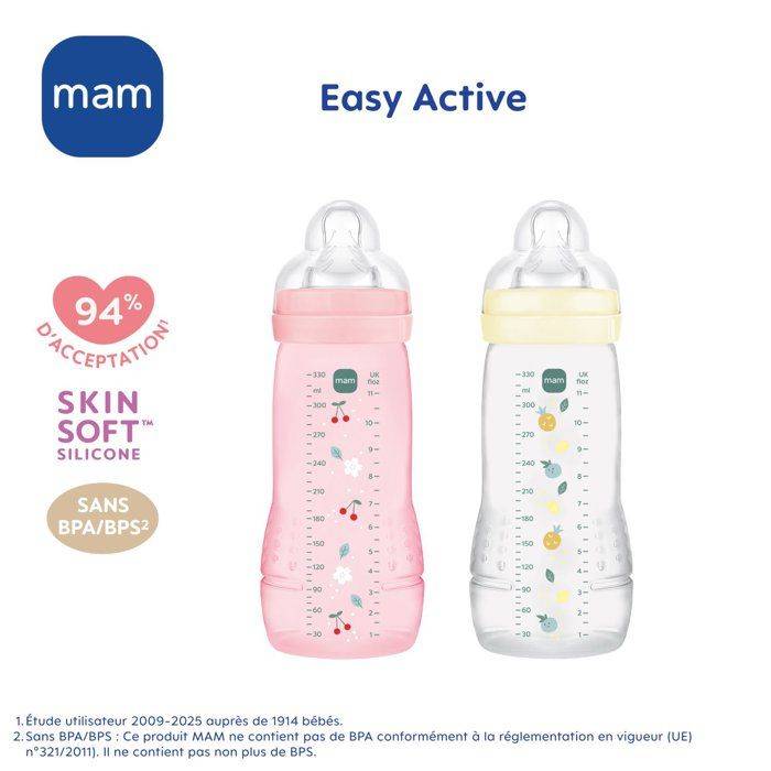 MAM BABY Verpakking van 2 Flessen - Easy Active - 330 ml - X Flow Speen - 6+ maanden - Berry + Pearl-1