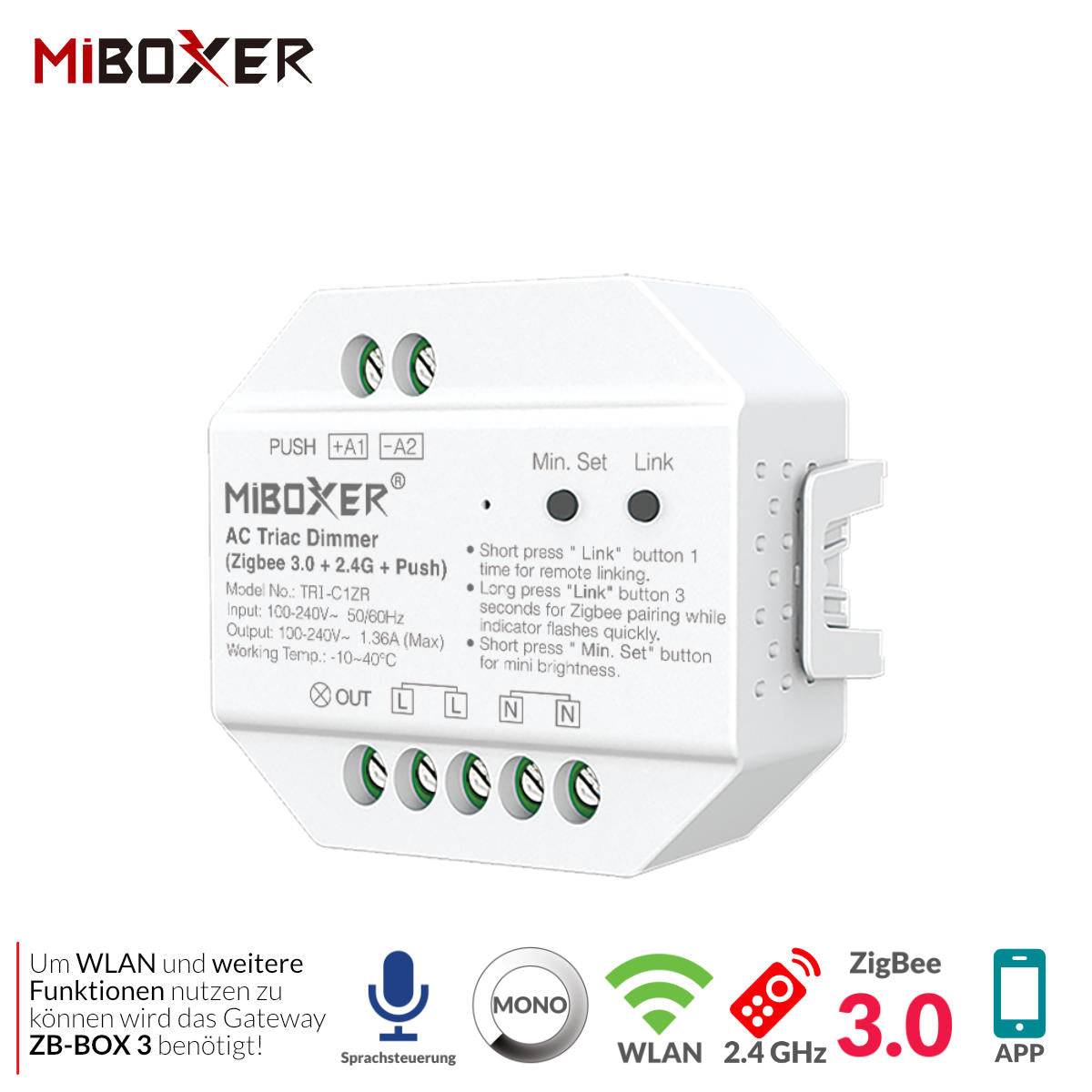 Miboxer Synergy 21 LED AC TRIAC Dimmer - Zigbee 3.0 + 2.4 g 3.0+2.4 g+Push TRI-C1ZR-2