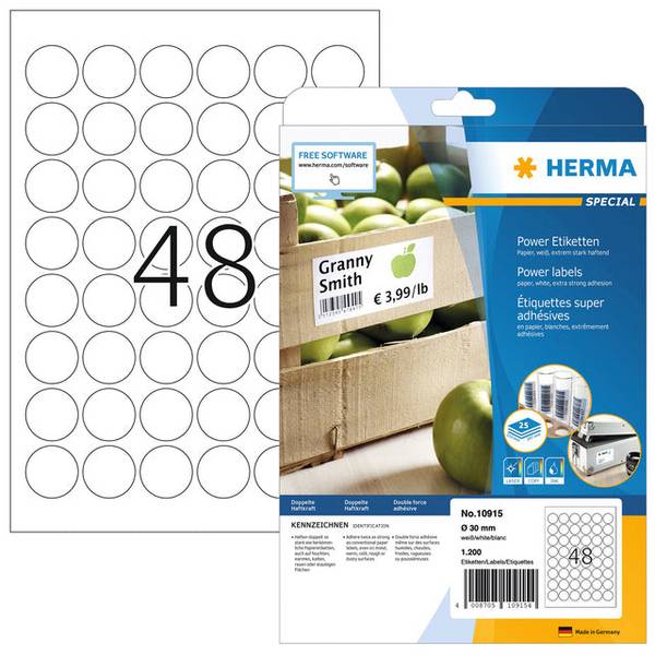 HERMA 4008705109154  HERMA -  Etiket  power 10915 rond 30mm wit 1200st