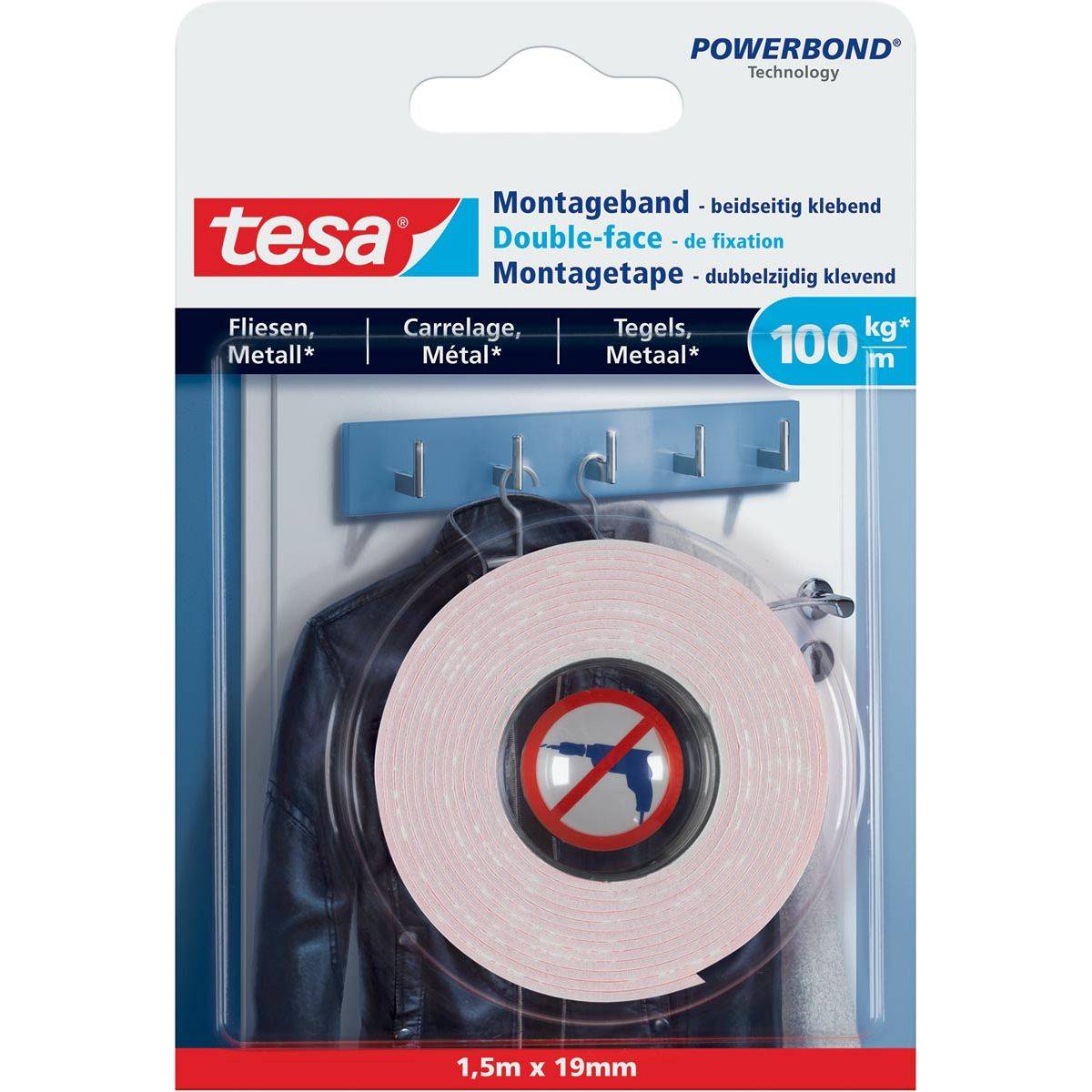Tesa 4042448340320 Tesa - Powerbond montagee Tegels en Metaal, 19 mm x 1,5 m-0