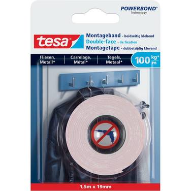 Tesa 4042448340320  Tesa -  Powerbond montagee Tegels en Metaal, 19 mm x 1,5 m
