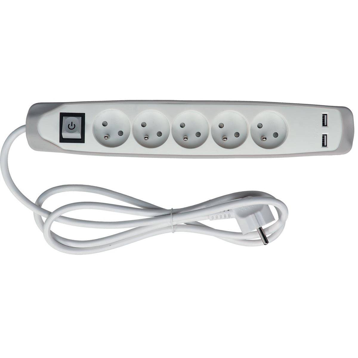 Perel 5410329726836 Perel - contactdoos met 5 stopcontacten, 2 USB en schakelaar, 1,5 m, wit/grijs, voor NL-0