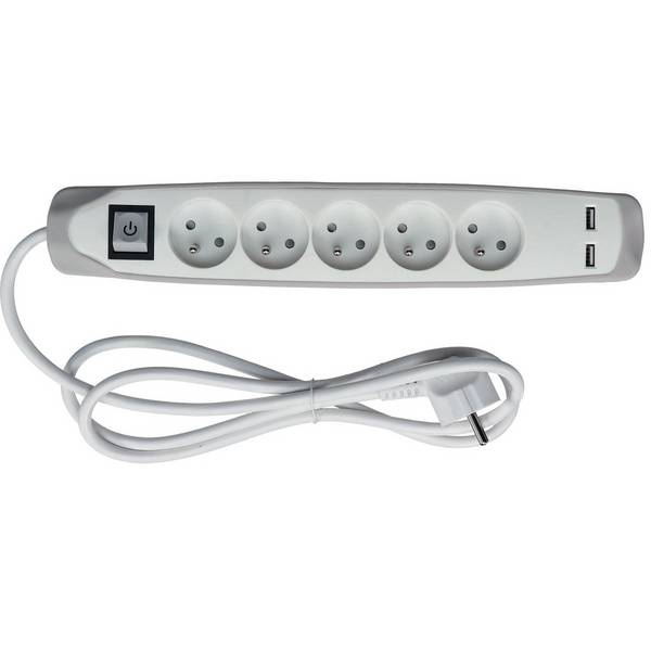 Perel 5410329726836  Perel -  contactdoos met 5 stopcontacten, 2 USB en schakelaar, 1,5 m, wit/grijs, voor NL