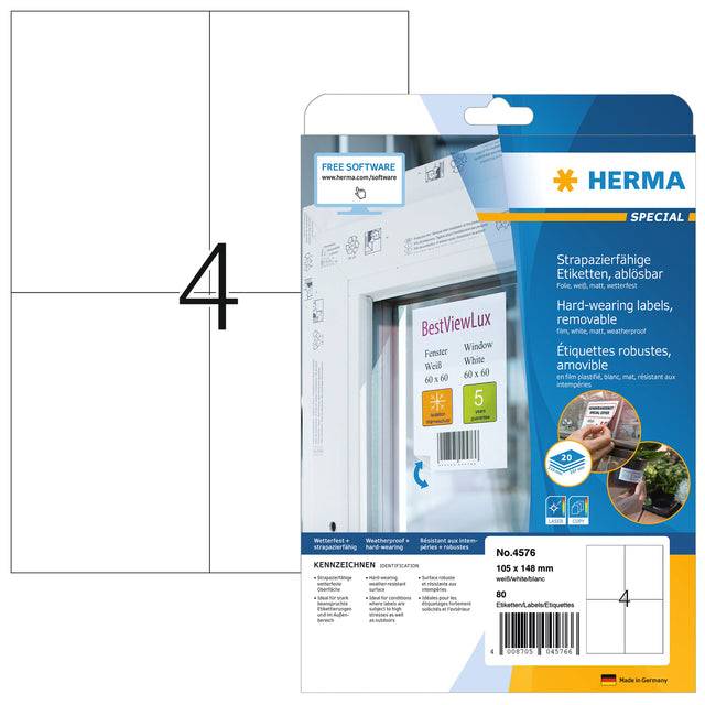 HERMA 4008705045766 HERMA - Etiket 4576 105x148mm folie wit 80st-0