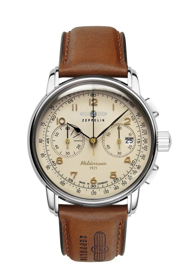 Zeppelin Mediterranee Kwarc Horloge 9670-5 RVS Bruin Leer Beige Wijzerplaat 50 M-0