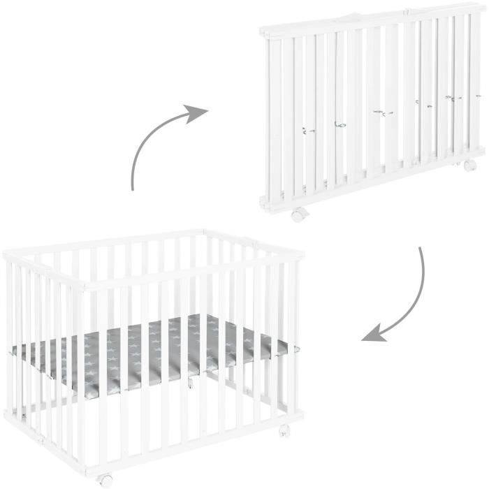 ROBA - Opvouwbaar Baby Speelhek - 75 x 100 cm - Hoogte Verstelbaar - Wit Gelakt Hout-0