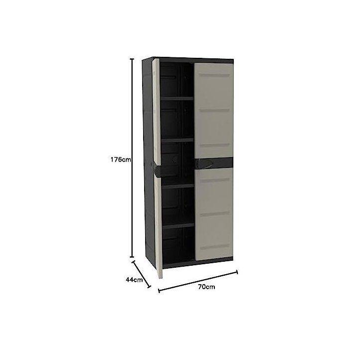 PLASTIKEN Titanium Hoge Kast - 2 Deuren, 4 Planken - 70 x 44 x 176 cm - Beige en Zwart-2