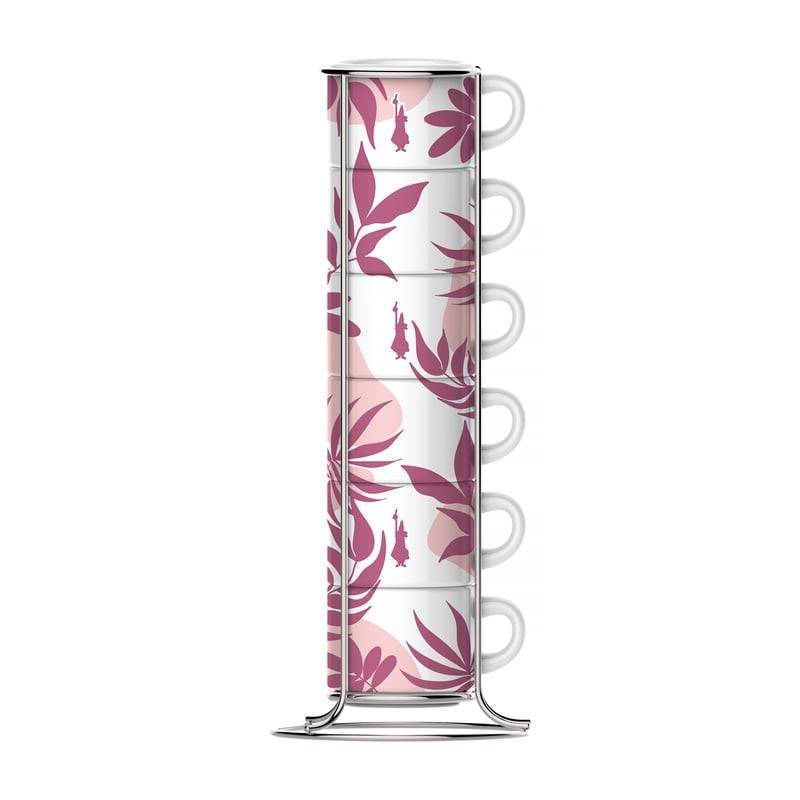 Bialetti Primavera Set van 6 Espresso Kopjes op Stand - Romantisch Ontwerp in Roze en Wit-0