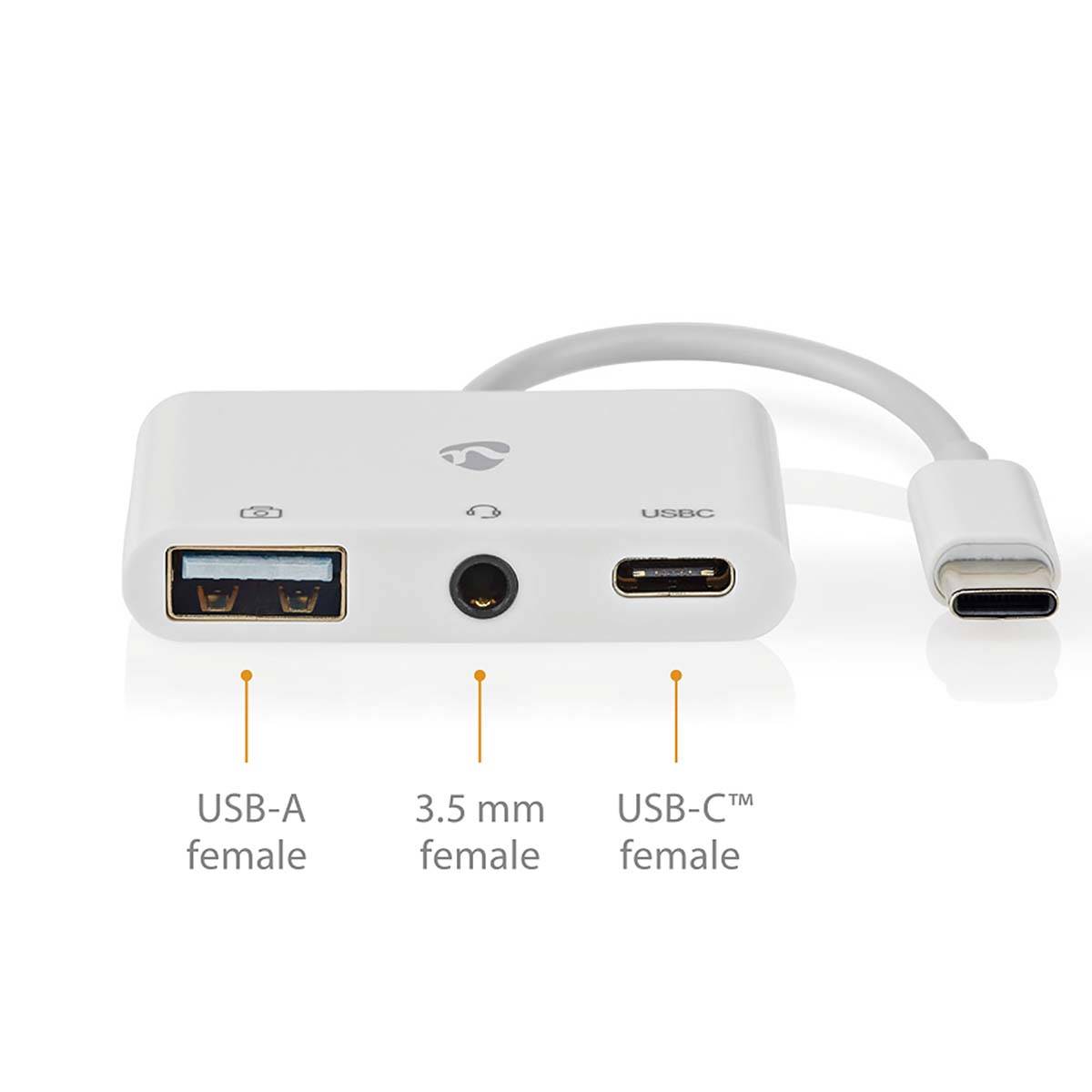 Nedis USB-C naar 3,5mm Jack, USB-A en USB-C adapter - actief / wit - 0,10 meter-3