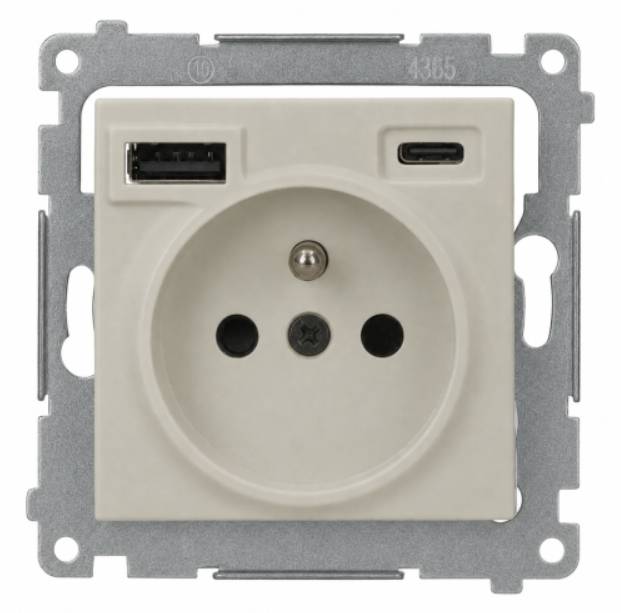 Simon 54 kasjmier module stopcontact 1x met randaarde 16A 250V + 2x USB type A+C 2.1A schroefklemmen 16A 250V-0
