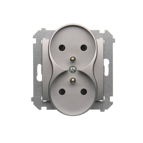 Simon 54 module zilverkleurige matte contactdoos 2x met randaarde en schroefklemmen 16A 250V-0