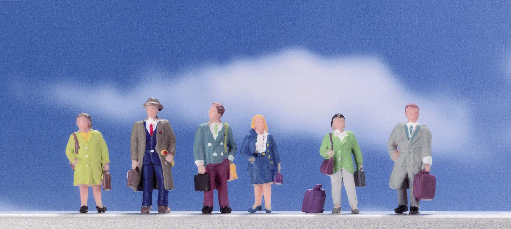 Een miniatuurgroep van zes figuren in kleurrijke kantoorkleding met aktetassen, voor een blauwe achtergrond met een wolk.