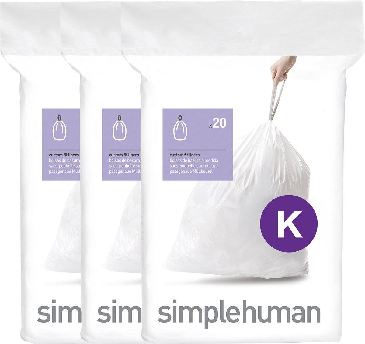 Simplehuman code k afvalzakken - 45 liter - 60 stuks - met trekband - wit 08388100175630838810017563-0
